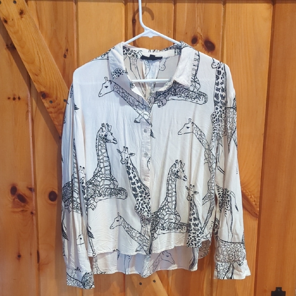 Ivory Giraffe Print Button-Down Blouse